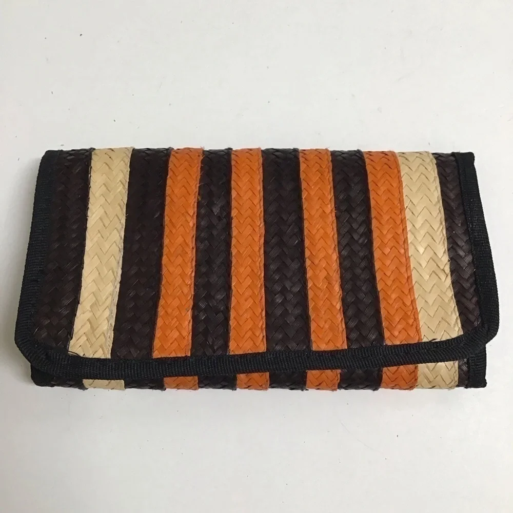 Handmade Woven Straw Wallet Zip Pouch Stripe Clutch Raffia Natural Brown Orange